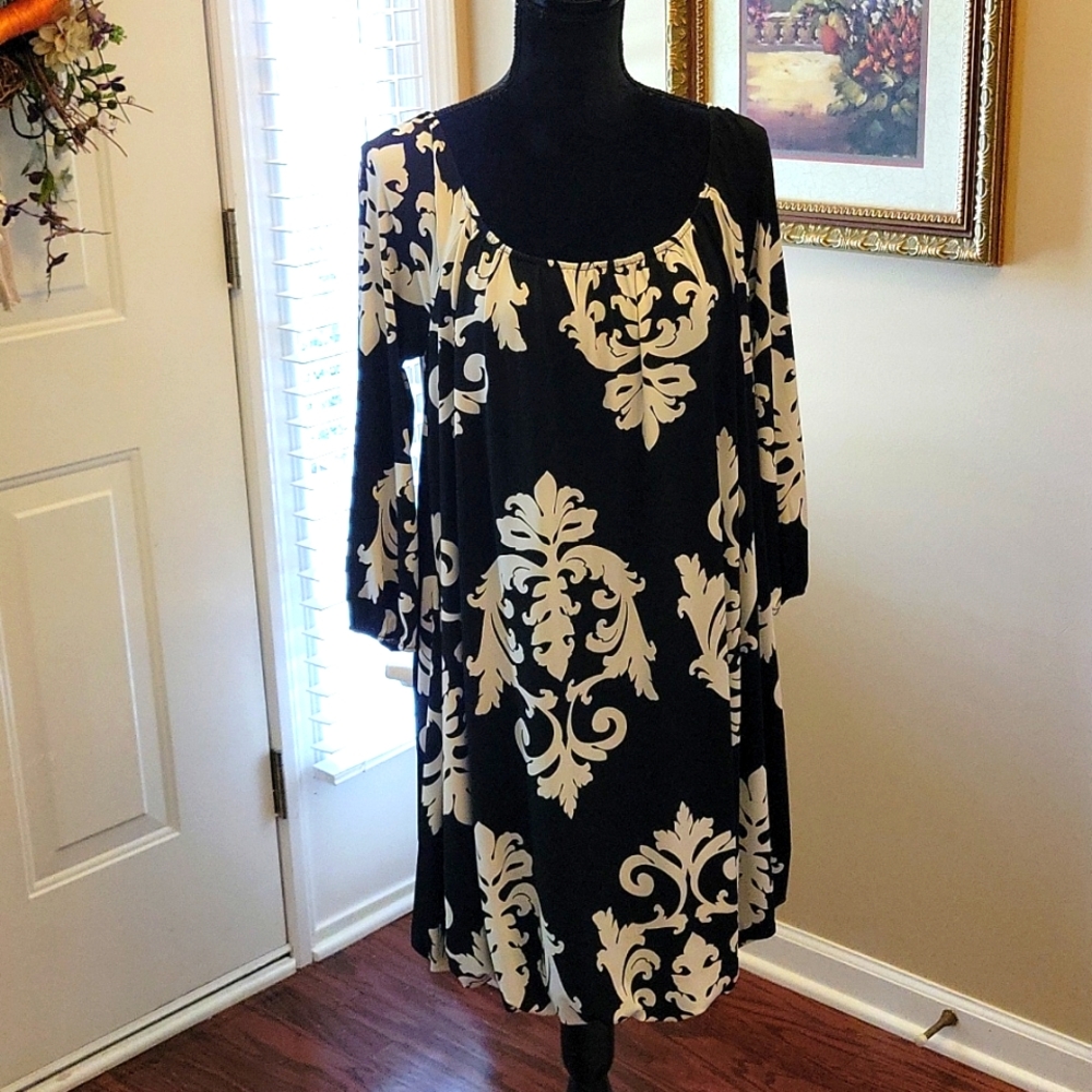 White House Black Market print dress blouson hem 3/4 sleeve lined Small …EUC